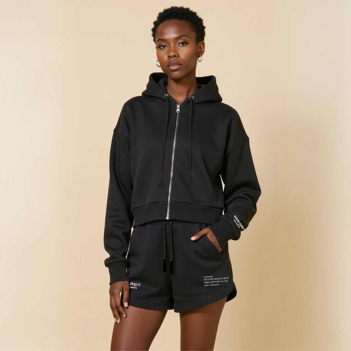 Crop hoodie met rits "GGBH" - Wit