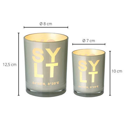 Set van 2 Sylt theelichtglaasjes (hoogte 8 & 12,5 cm), grijs, Sylt-motief