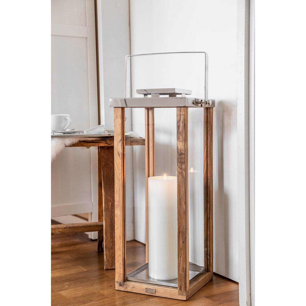 EDZARD lantaarn Miami met inklapbaar handvat, hout en RVS glanzend vernikkeld, hoogte 70 cm