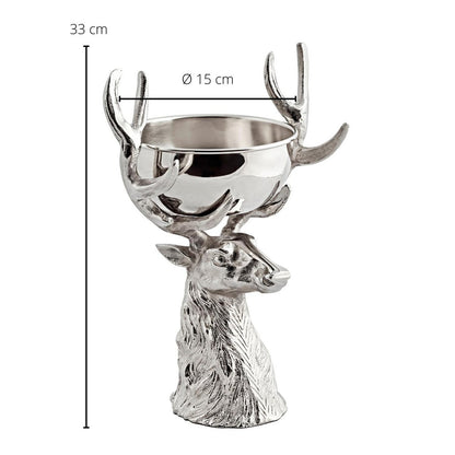 EDZARD Hertenkop met Richard schaal, vernikkeld aluminium, zilverkleurig, hoogte 33 cm. Roestvrijstalen kom