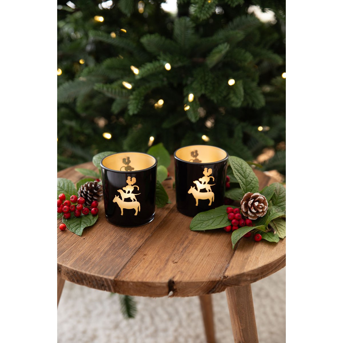 Set van 2 theelichtjes glazen stadsmuzikanten (hoogte 8 cm), zwart
