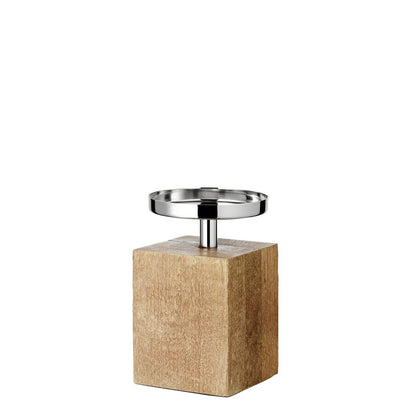 Kandelaar Meo (hoogte 16,5 cm), roestvrij staal vernikkeld, houten voet, voor kaarsen tot Ø 9 cm