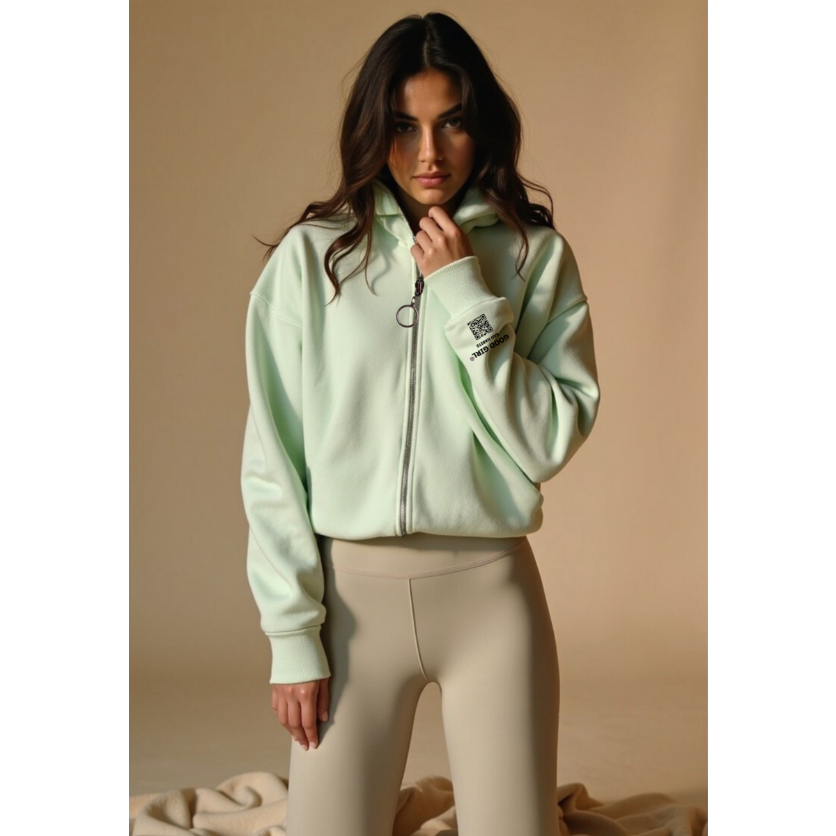 Hoodie met rits "ggbh" - beige