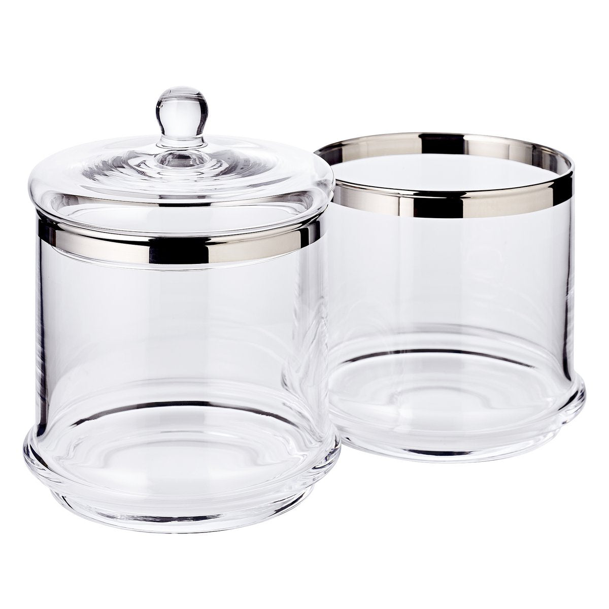 Glazen pot Lia (H 29 cm, ø 14 cm), met een deksel van mondgeblazen kristalglas met een platina rand