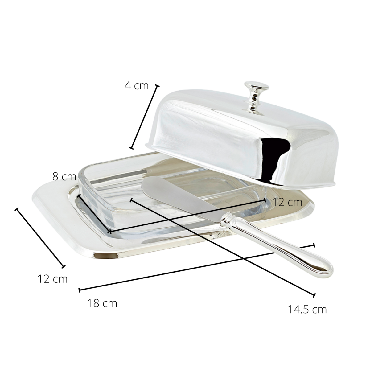 EDZARD botervloot Mista 13x18 cm, H 8 cm, glazen inzetstuk, verzilverd, met botermes
