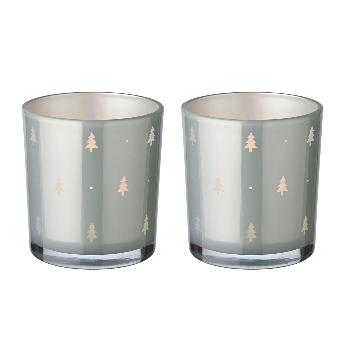 Set van 2 theelichtglazen Tani (hoogte 8 cm, ø 7 cm), grijs, lantaarn met dennenboommotief