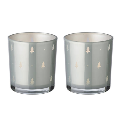 Set van 2 theelichtglazen Tani (hoogte 8 cm, ø 7 cm), grijs, lantaarn met dennenboommotief