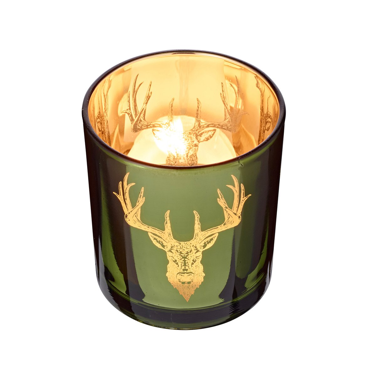 Set van 2 theelichtglazen Ted (hoogte 8 cm, ø 7 cm), buitenkant groen / binnenkant goud, lantaarn in hert design