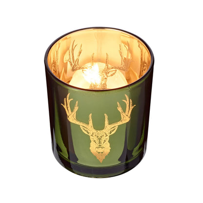 Set van 2 theelichtglazen Ted (hoogte 8 cm, ø 7 cm), buitenkant groen / binnenkant goud, lantaarn in hert design