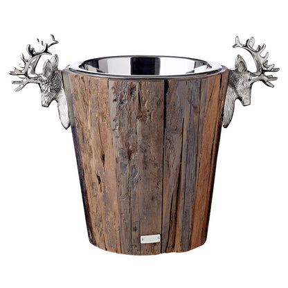 EDZARD champagnekoeler Milwaukee met 2 hertenkoppen, teak, RVS glanzend vernikkeld, hoogte 30 cm