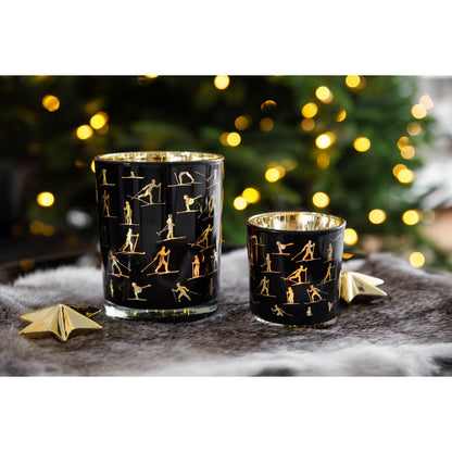 Set van 2 theelichtglazen Monty (hoogte 8 cm, ø 7,5 cm), lantaarn met skimotief, goud/zwart