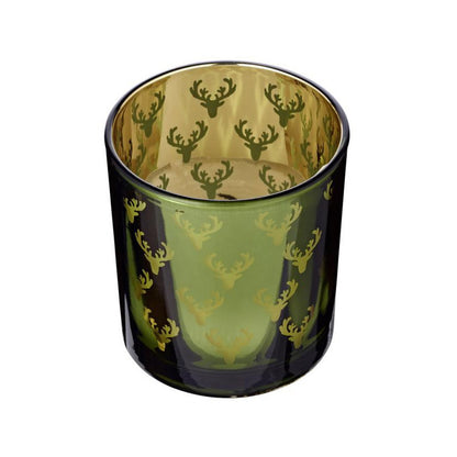 Set van 2 theelichtglazen Ted (hoogte 8 cm, ø 7 cm), buitenkant groen / binnenkant goud, lantaarn in hertendesign