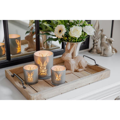 Lantaarn konijn (hoogte 12,5 cm, ø 10 cm) in grijs, theelichthouder, theelichtglas met konijnenmotief