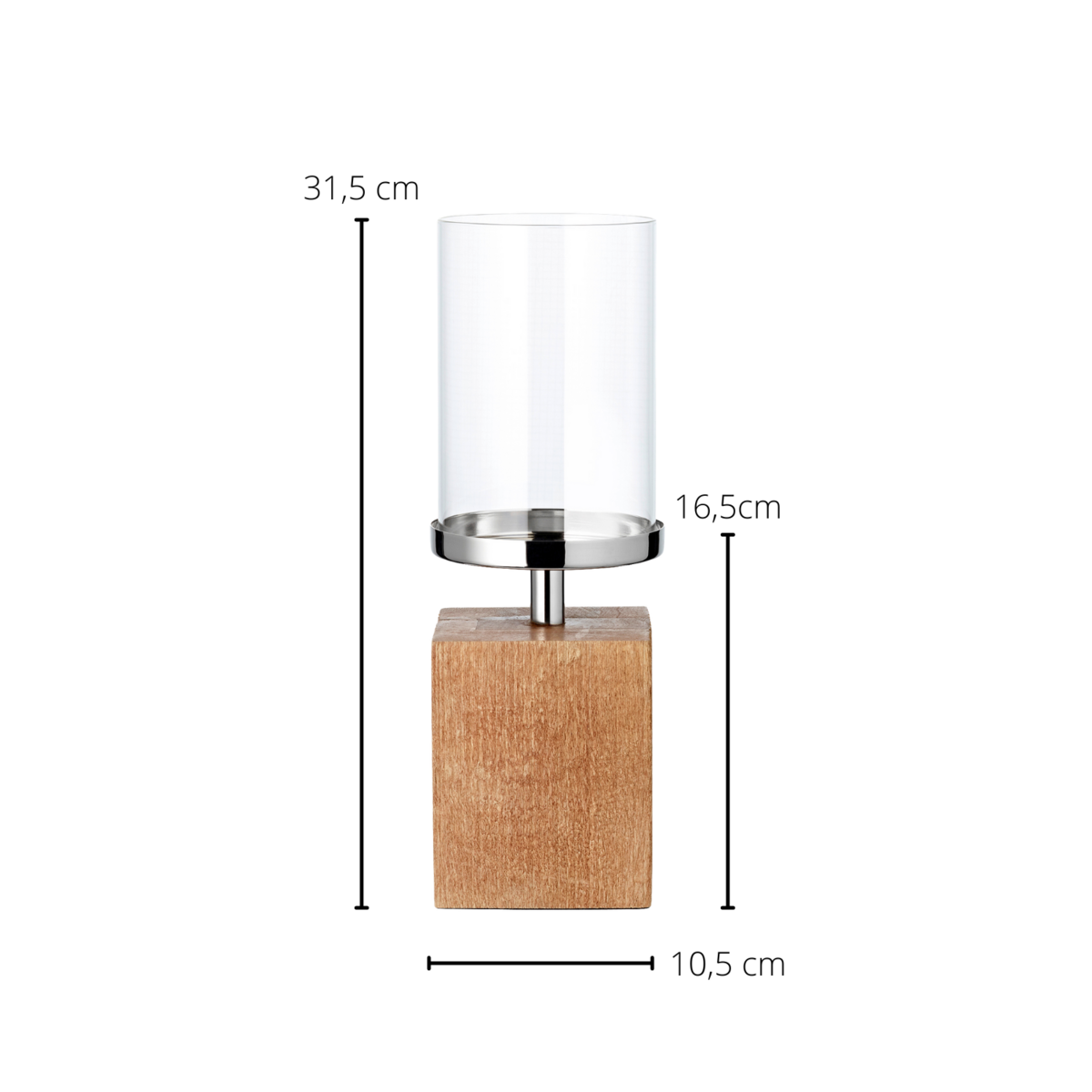 Kandelaar Meo (hoogte 16,5 cm), roestvrij staal vernikkeld, houten voet, voor kaarsen tot Ø 9 cm