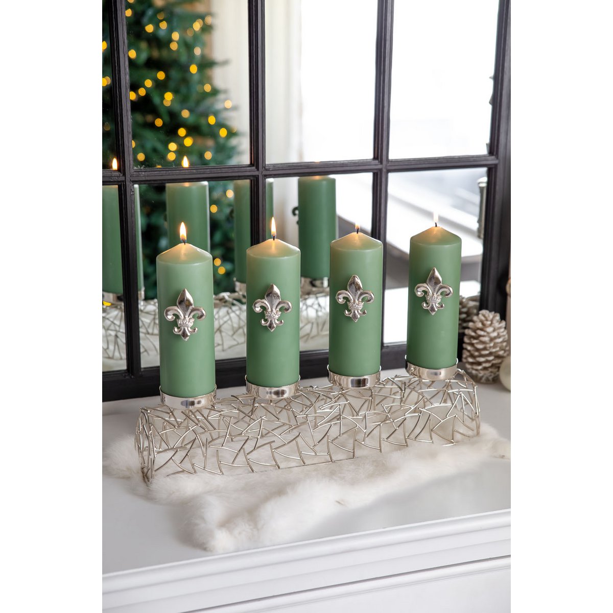 EDZARD Advent kandelaar Milano, vernikkeld messing, zilverkleurig, lengte 44 cm, voor kaarsen diameter 6 cm