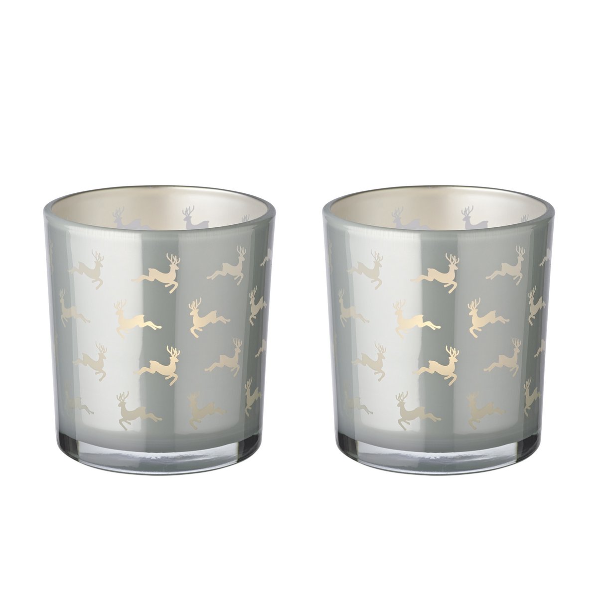 Set van 2 Hiti theelichtglazen (hoogte 8 cm, ø 7 cm), grijs, lantaarn met rendiermotief