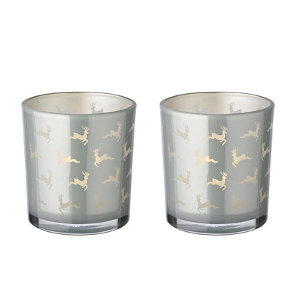 Set van 2 Hiti theelichtglazen (hoogte 8 cm, ø 7 cm), grijs, lantaarn met rendiermotief