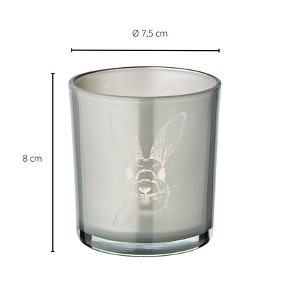 Set van 2 theelichtglazen konijn (hoogte 8 cm, ø 7,5 cm), in grijs, theelichthouder lantaarn met konijnenmotief