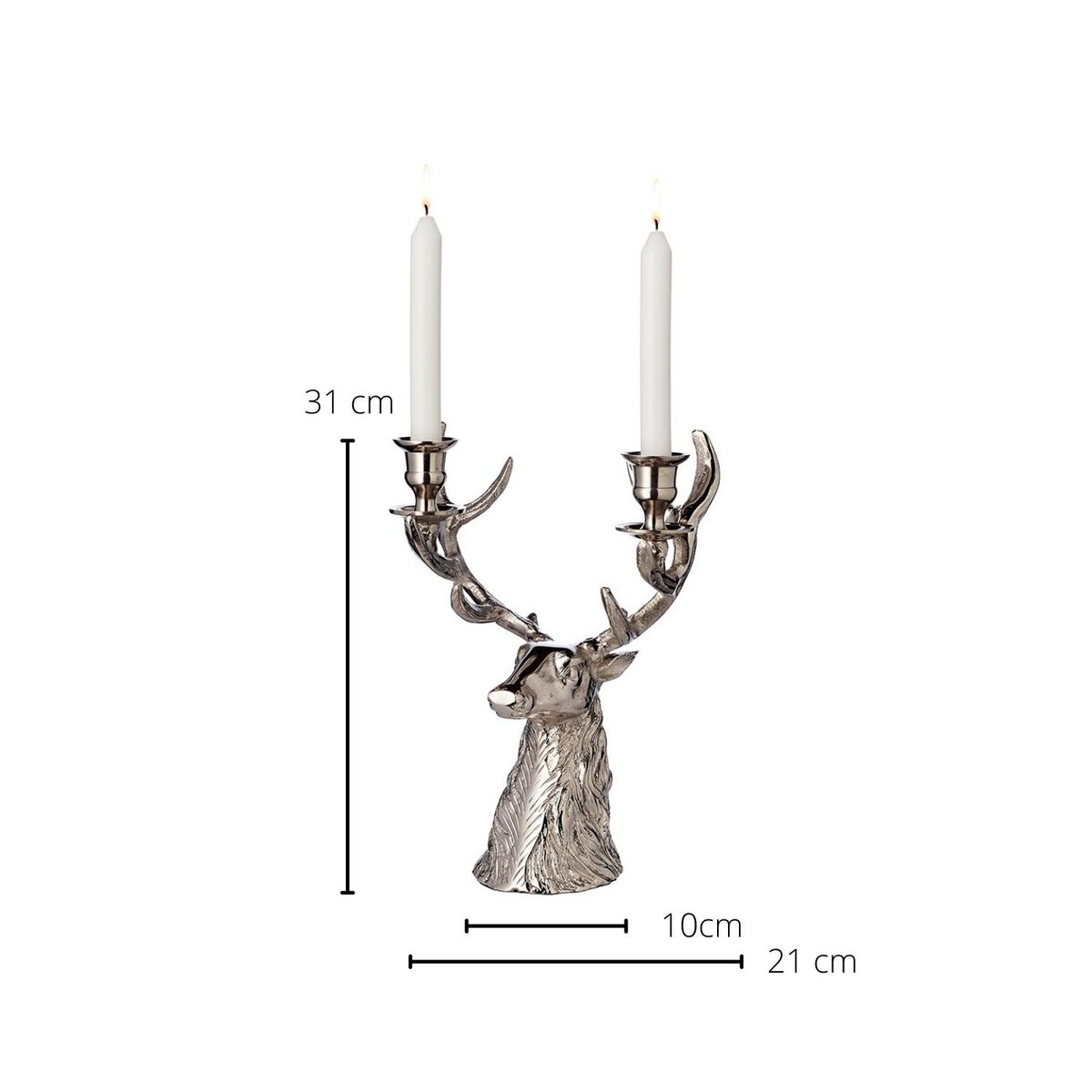 EDZARD kandelaar kandelaar hertengewei hoogte 33 cm, aluminium vernikkeld, voor 2 stokkaarsen