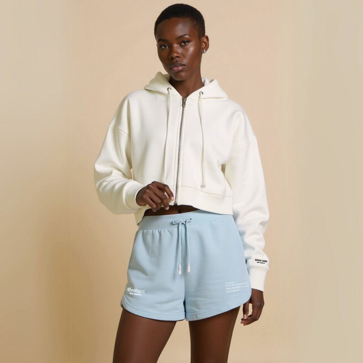 Crop hoodie met rits "GGBH" - Wit