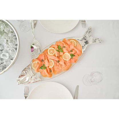 EDZARD visschaal zalm, glas, fijn verzilverde elementen, met lifter, lengte 58 cm