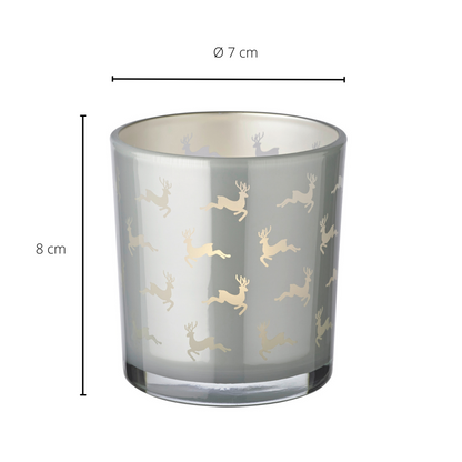 Set van 2 Hiti theelichtglazen (hoogte 8 cm, ø 7 cm), grijs, lantaarn met rendiermotief