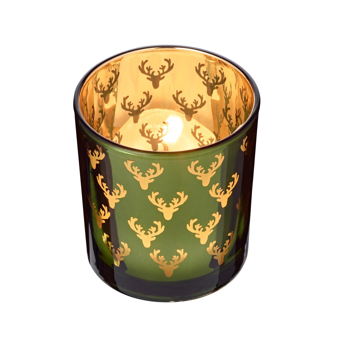 Set van 2 theelichtglazen Ted (hoogte 8 cm, ø 7 cm), buitenkant groen / binnenkant goud, lantaarn in hertendesign