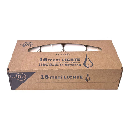 EDZARD 16 stuks WENZEL Maxilights Maxi theelichtjes, wit, doorzichtige plastic hoes, ø 54 mm, geurloos
