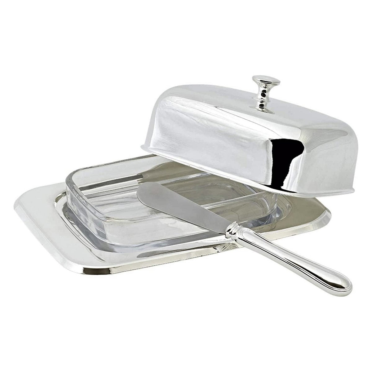 EDZARD botervloot Mista 13x18 cm, H 8 cm, glazen inzetstuk, verzilverd, met botermes