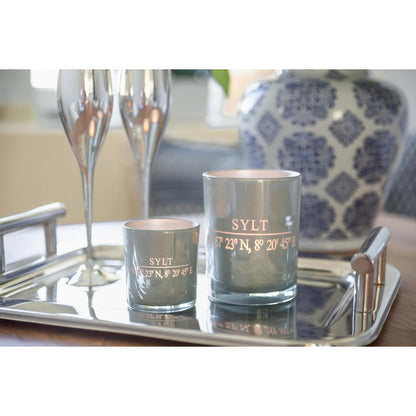 Set van 2 theelichtglazen Sylt (hoogte 8 cm, ø 7,5 cm) in grijze, elegante lantaarn met Sylt-coördinaten