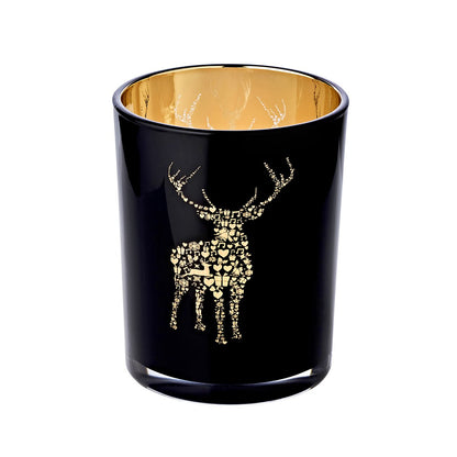 Lantaarn Fancy (hoogte 18 cm, ø 12 cm), theelichtglas met hertenmotief, buiten zwart/binnen goud