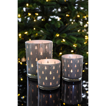 Set van 2 theelichtglazen Tani (hoogte 8 cm, ø 7 cm), grijs, lantaarn met dennenboommotief