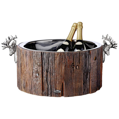 EDZARD champagnekoeler Kennington, 2 hertenkoppen, hout, roestvrij staal glanzend vernikkeld, ø 46,5 cm, H 23,5 cm, 11 kg
