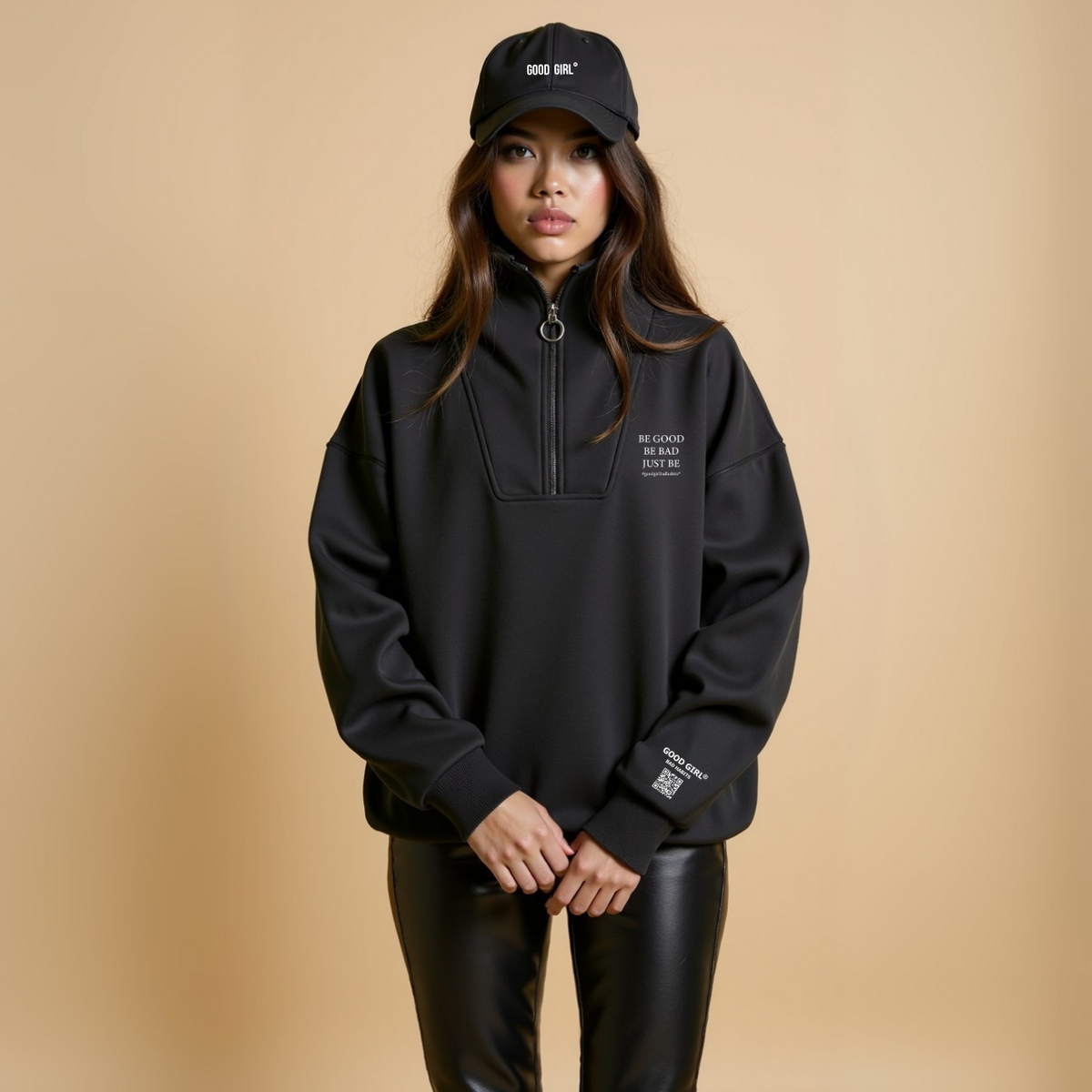 Half Zip Sweat "Be Good Be Bad Just Be" - Black