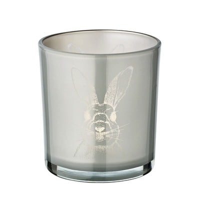 Set van 2 theelichtglazen konijn (hoogte 8 cm, ø 7,5 cm), in grijs, theelichthouder lantaarn met konijnenmotief