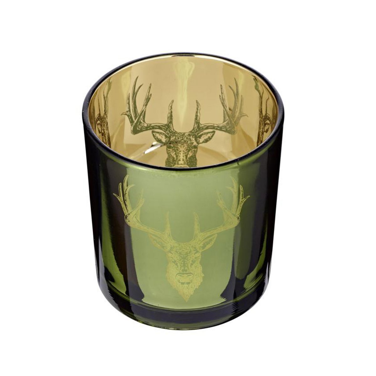 Set van 2 theelichtglazen Ted (hoogte 8 cm, ø 7 cm), buitenkant groen / binnenkant goud, lantaarn in hert design