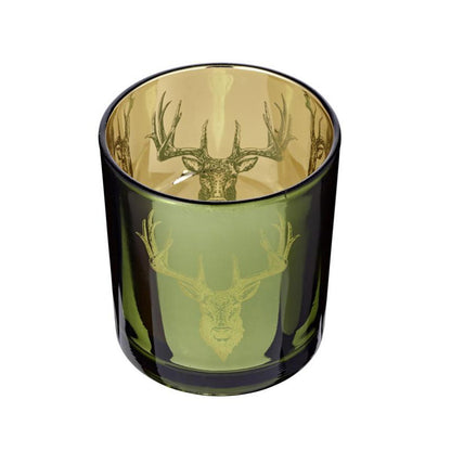 Set van 2 theelichtglazen Ted (hoogte 8 cm, ø 7 cm), buitenkant groen / binnenkant goud, lantaarn in hert design