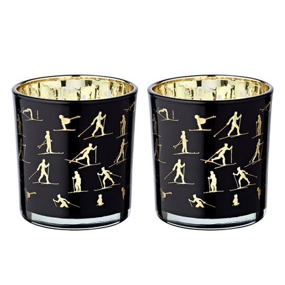 Set van 2 theelichtglazen Monty (hoogte 8 cm, ø 7,5 cm), lantaarn met skimotief, goud/zwart