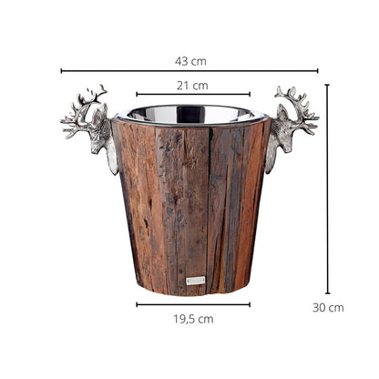 EDZARD champagnekoeler Milwaukee met 2 hertenkoppen, teak, RVS glanzend vernikkeld, hoogte 30 cm